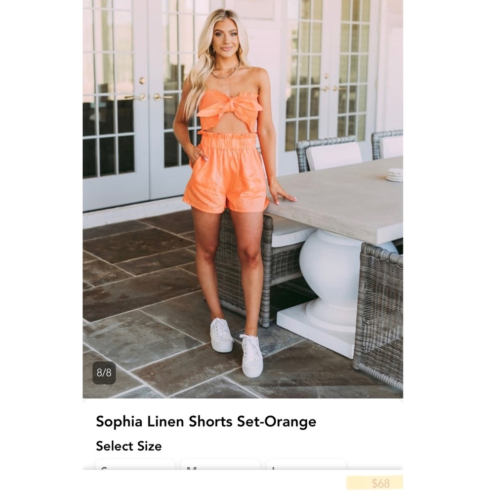 100% Orange Linen Short Set, Size Small, Brand: Mable